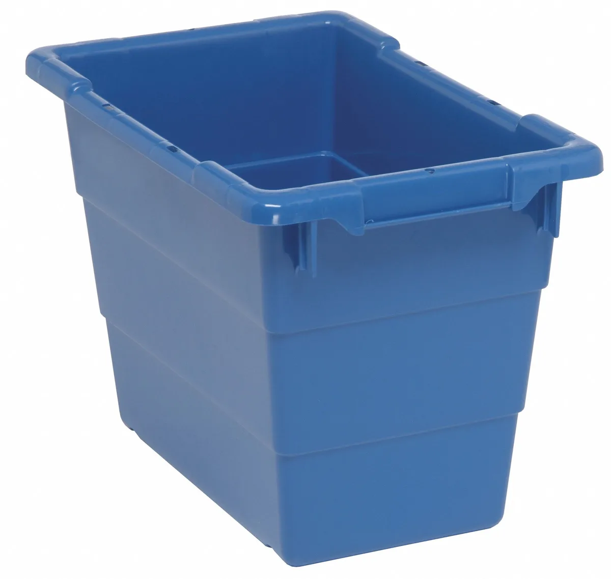 Blue plastic cross-stack tote, 17 1/4 by 11 by 12 inches, 5.5 gal capacity