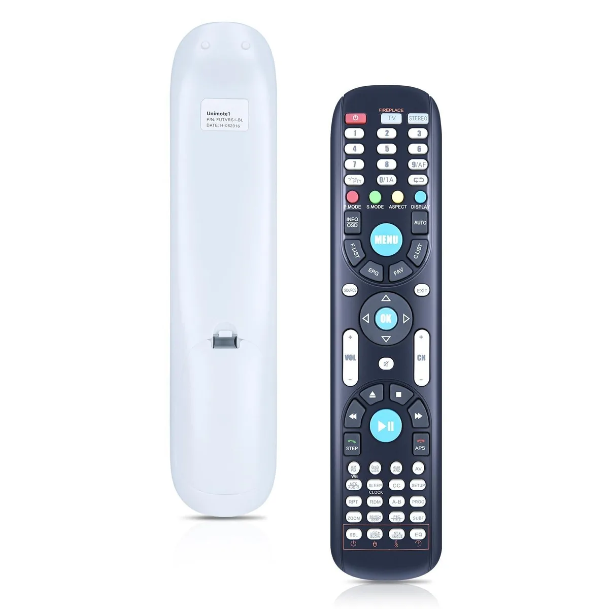 Black rectangular remote control with button layout, lightweight ABS plastic finish