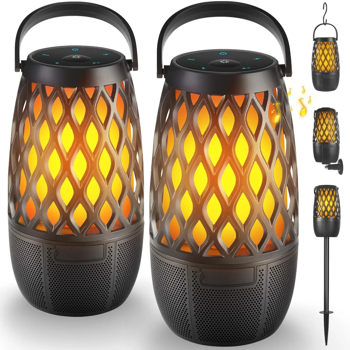 Two black cylindrical 6.5 inch outdoor speakers with flame light tops