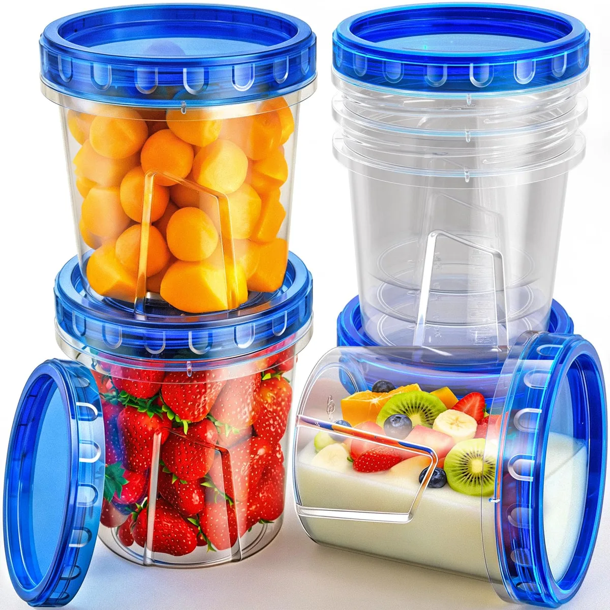 Six clear 24 oz containers with red twist-top lids, stacked together