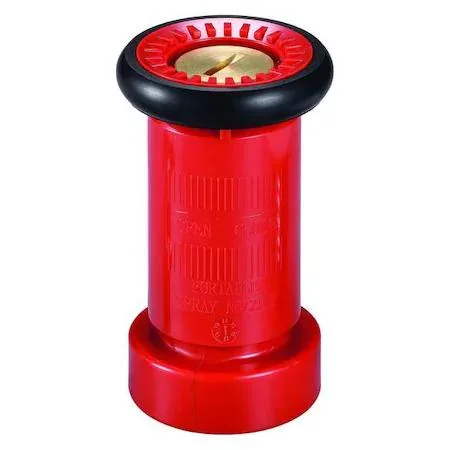 Red plastic fire hose nozzle with swivel base and black bumper