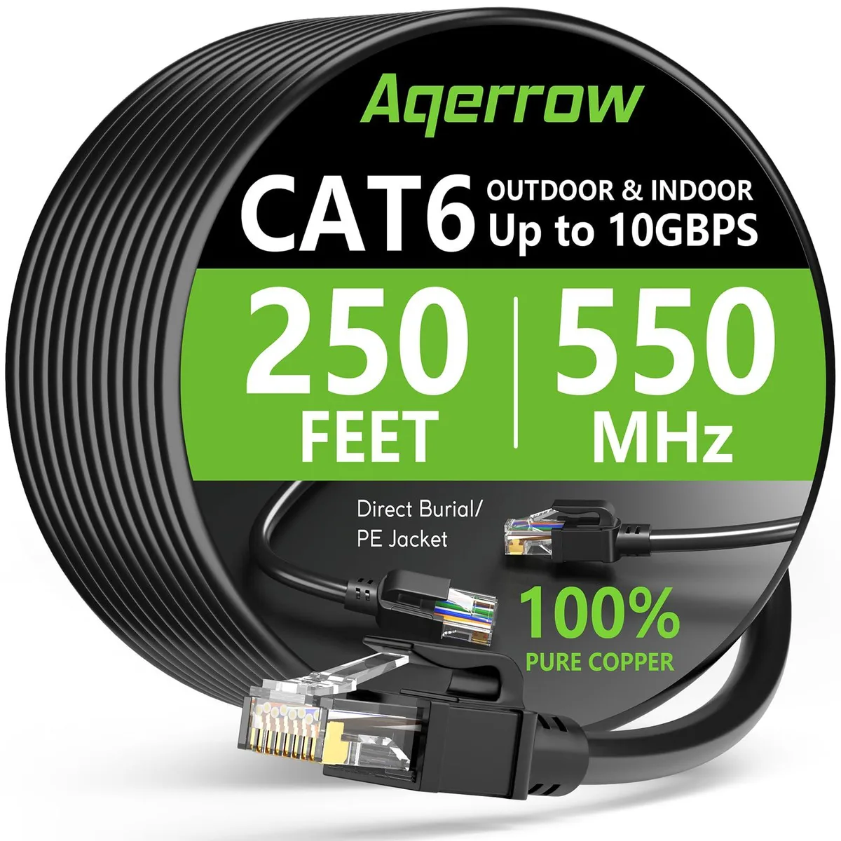  Aqerrow Cat6 Ethernet Cable 250FT Outdoor Direct Burial 24AWG 550MHz 10Gbps Black with 60 Ties — product photo