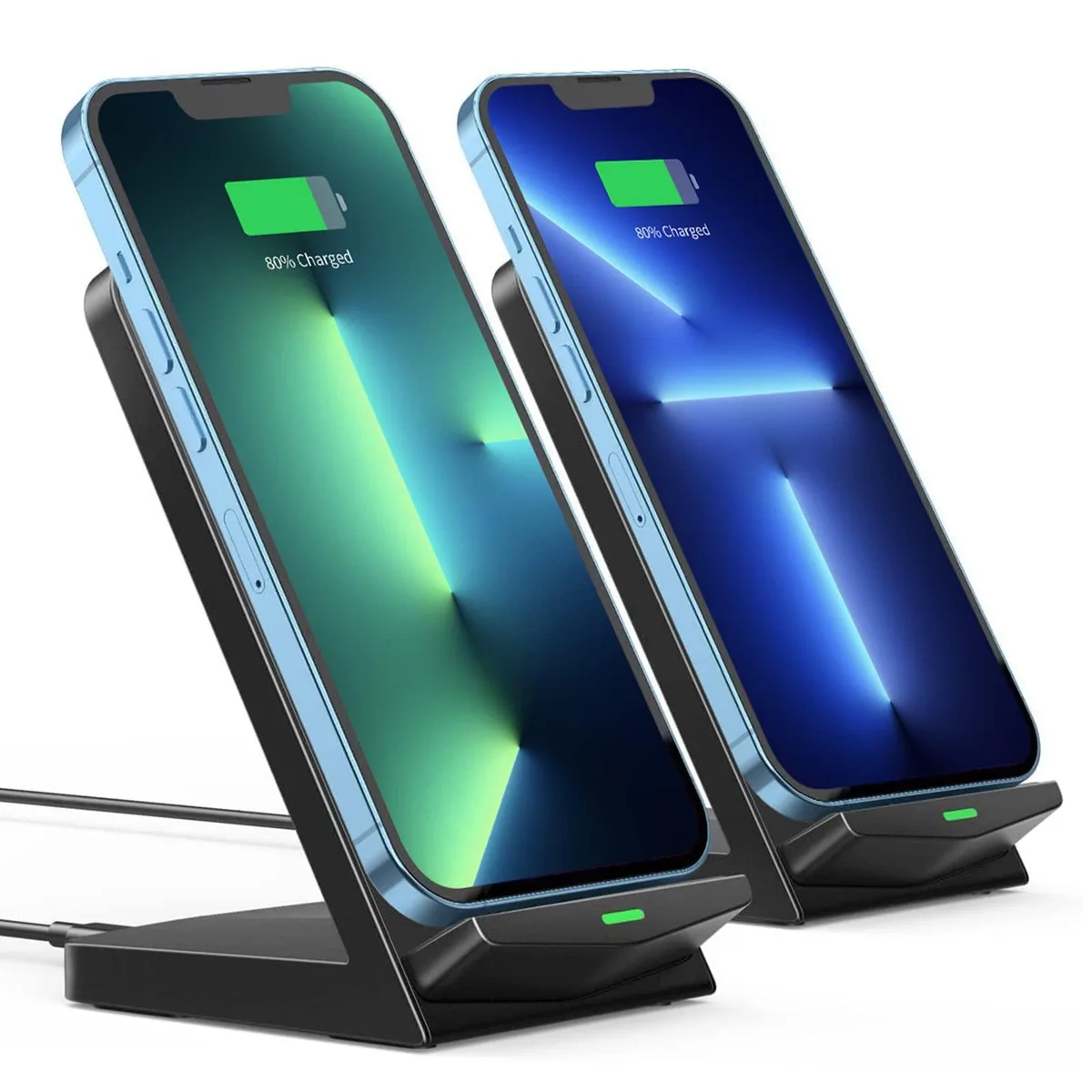 Two white upright wireless charging stands with phones docked vertically and horizontally