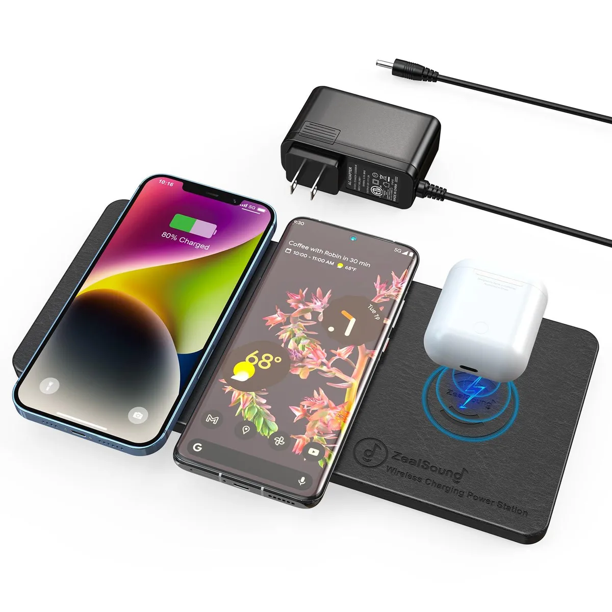 ZealSound 3-in-1 wireless charging mat, ultra-slim PU leather finish, 24W adapter included