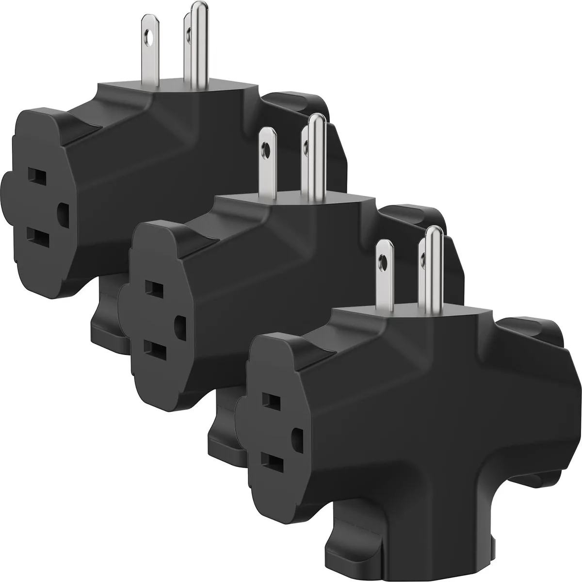 Black T-shaped three-outlet adapter, compact cube form