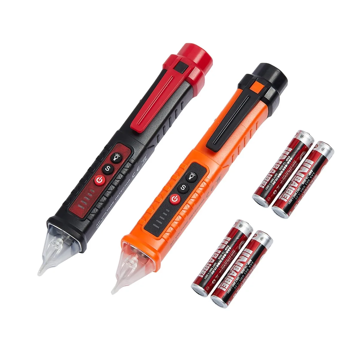 Two orange and red pen-style voltage detectors with pocket clips