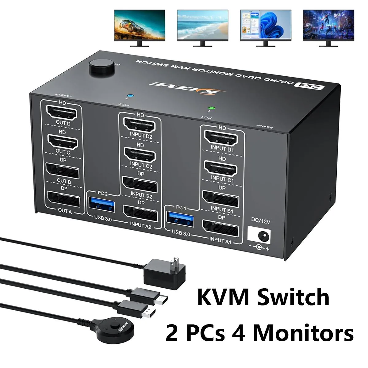 SMA SMA 204DH Quad Monitor KVM Switch 2 PCs 4 Monitors 8K@60Hz/4K@120Hz HDMI DP USB 3.0 Wired Remote — product photo