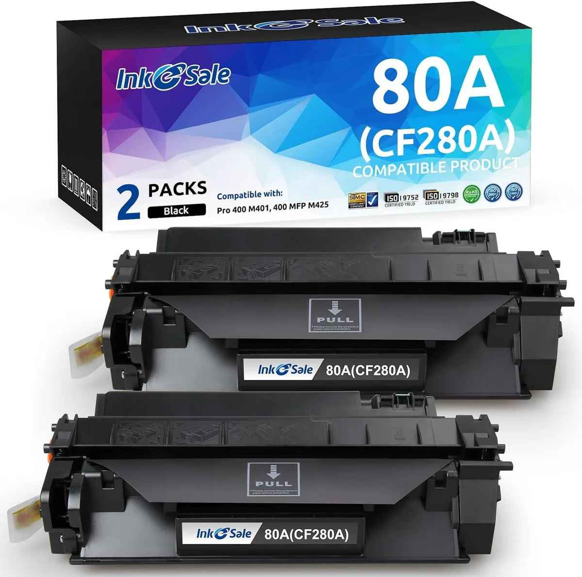 Two sealed black toner cartridges in a white box
