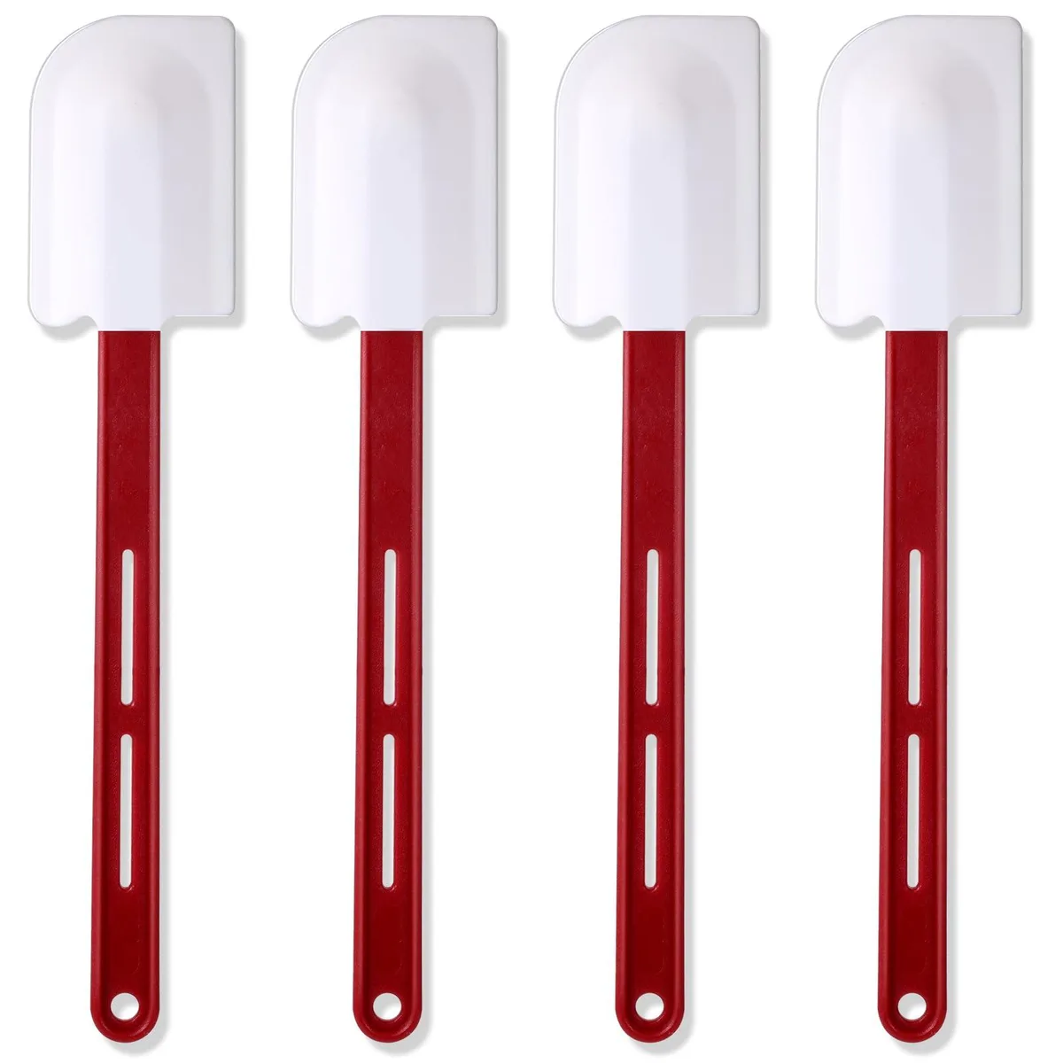 Four 14 inch silicone spatulas with nylon handles, rectangular heads, assorted colours