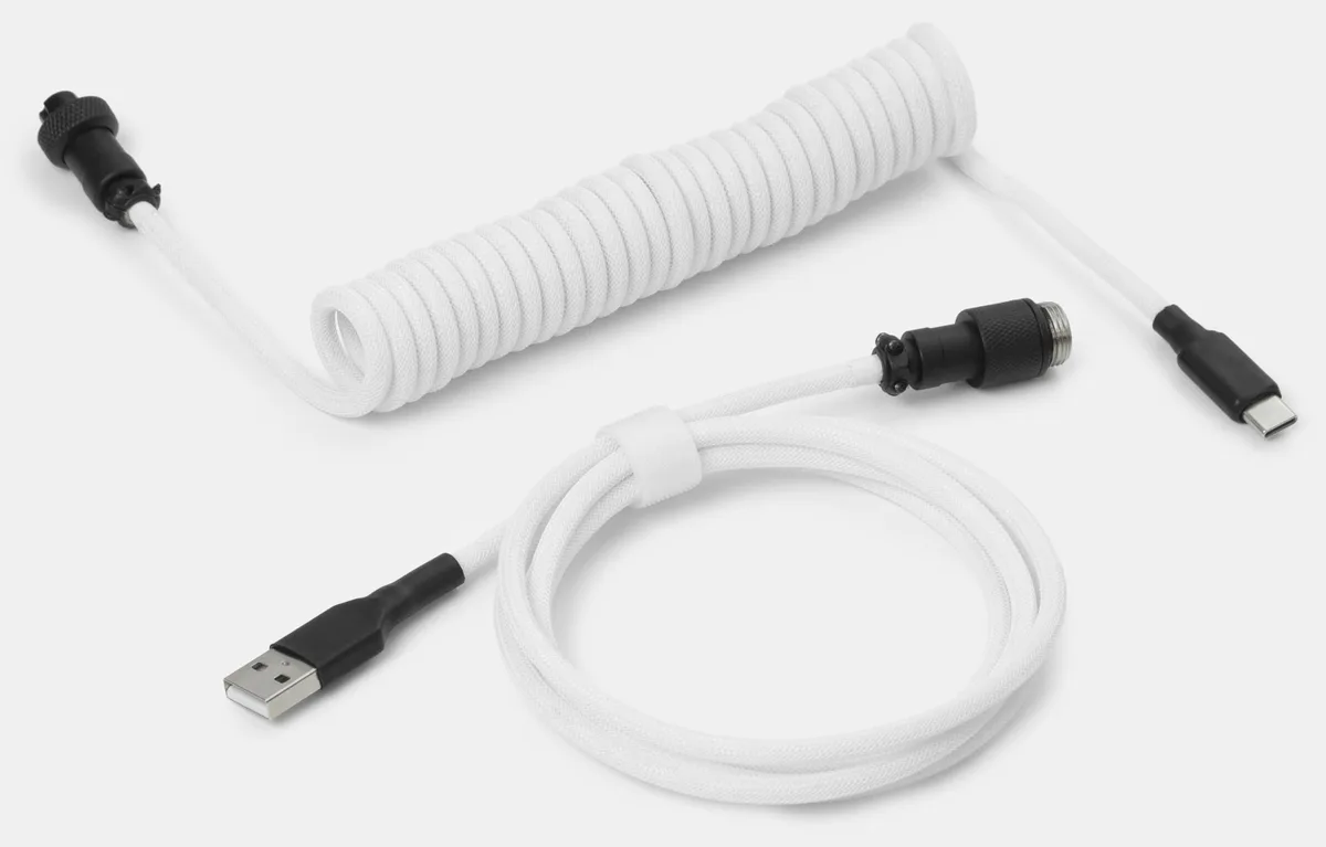DROP YC8 Coiled Keyboard Cable Black on White — product photo