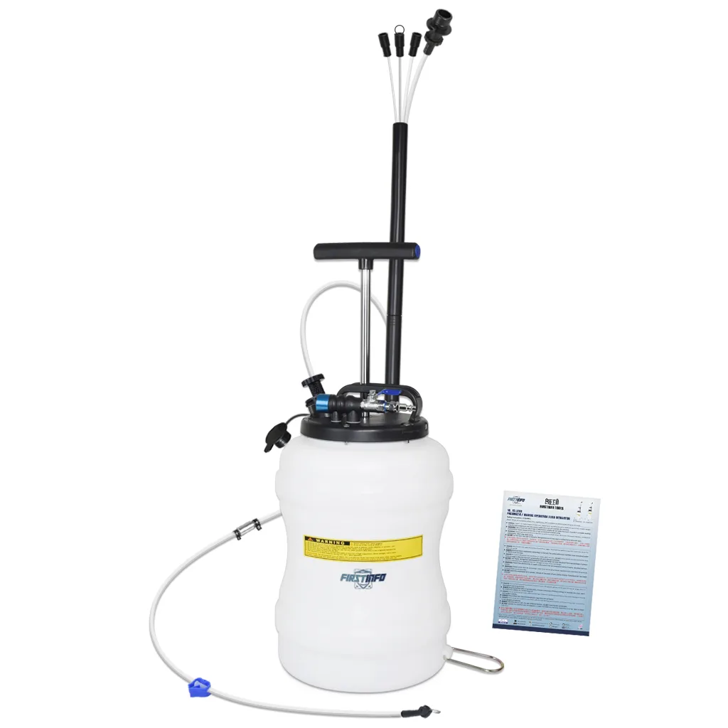 Silver 10.5 litre pneumatic oil extractor tank with hoses and brake fluid hose coiled on side