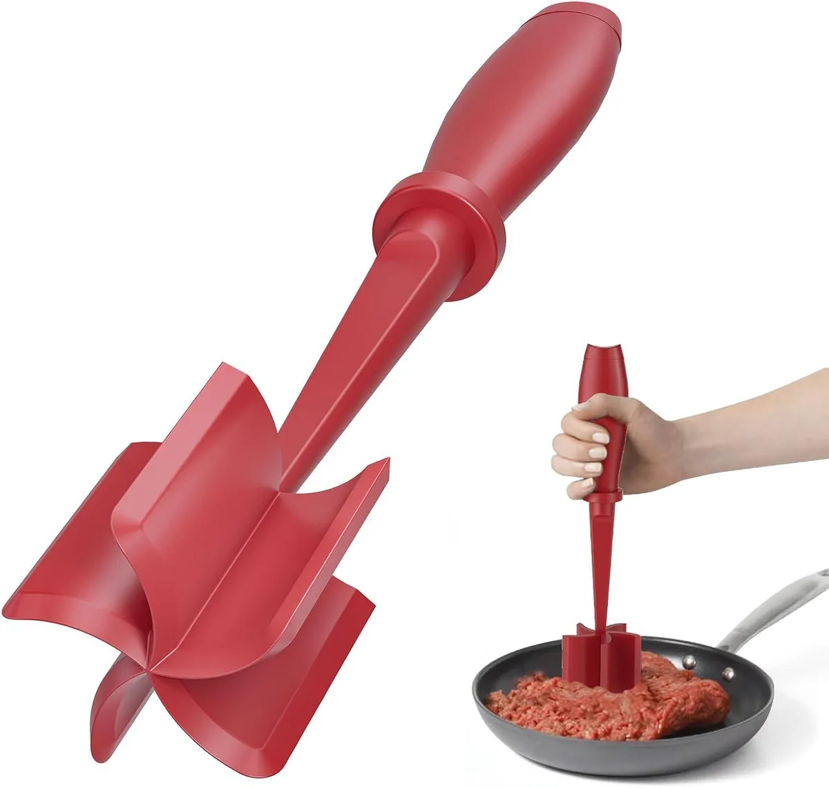Red nylon meat chopper with five curved pinwheel blades and ergonomic non-slip handle