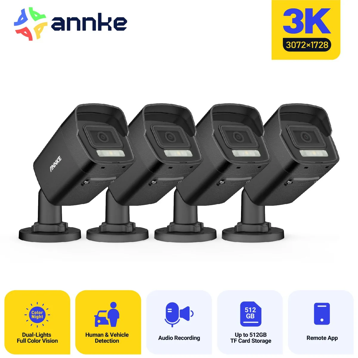 Annke Annke 4PCS 3K Outdoor POE Camera Black surveillance security system — product photo