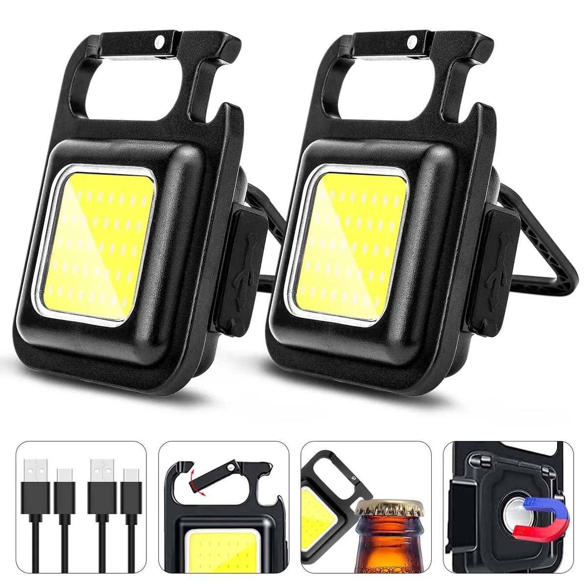 Two small rectangular keychain lights with matte finish, folding bracket, magnet base and bottle opener notch