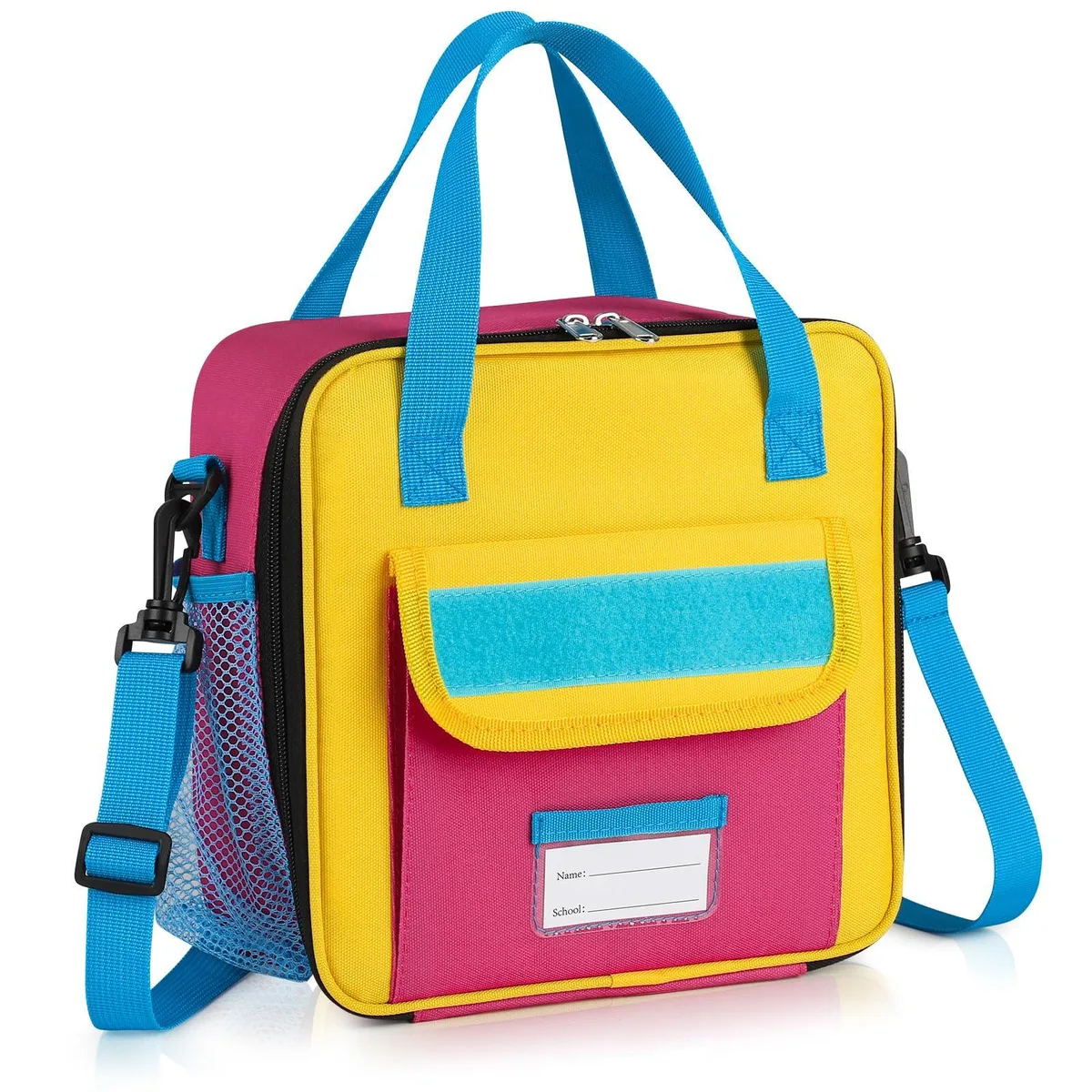 Upright pink and blue insulated lunch bag with adjustable shoulder strap and front patch panel