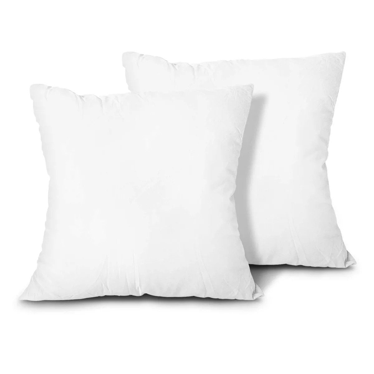 Two square white pillow inserts with polyester covers and zipper closures, vacuum-packed flat