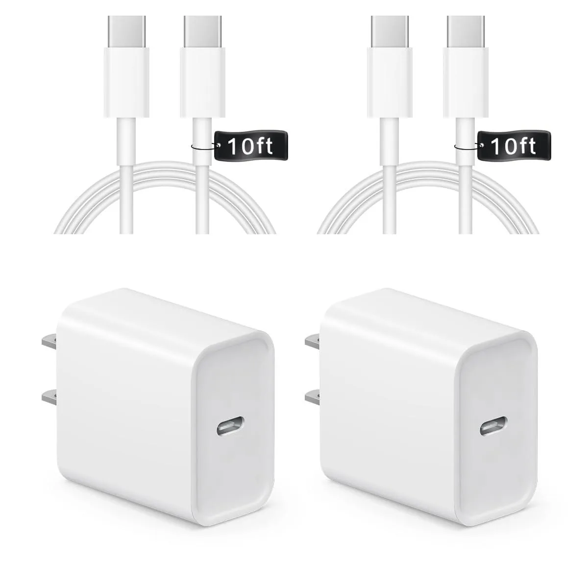 Two white USB-C wall chargers and two long white USB-C cables on a plain background