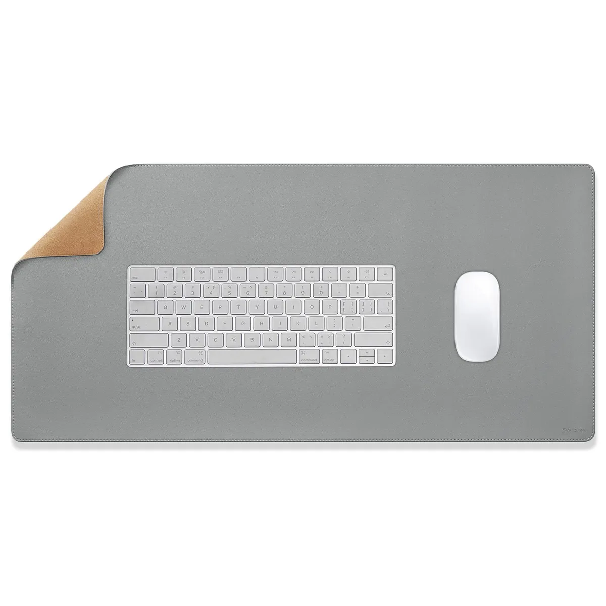 Light grey rectangular desk mat with smooth leather finish