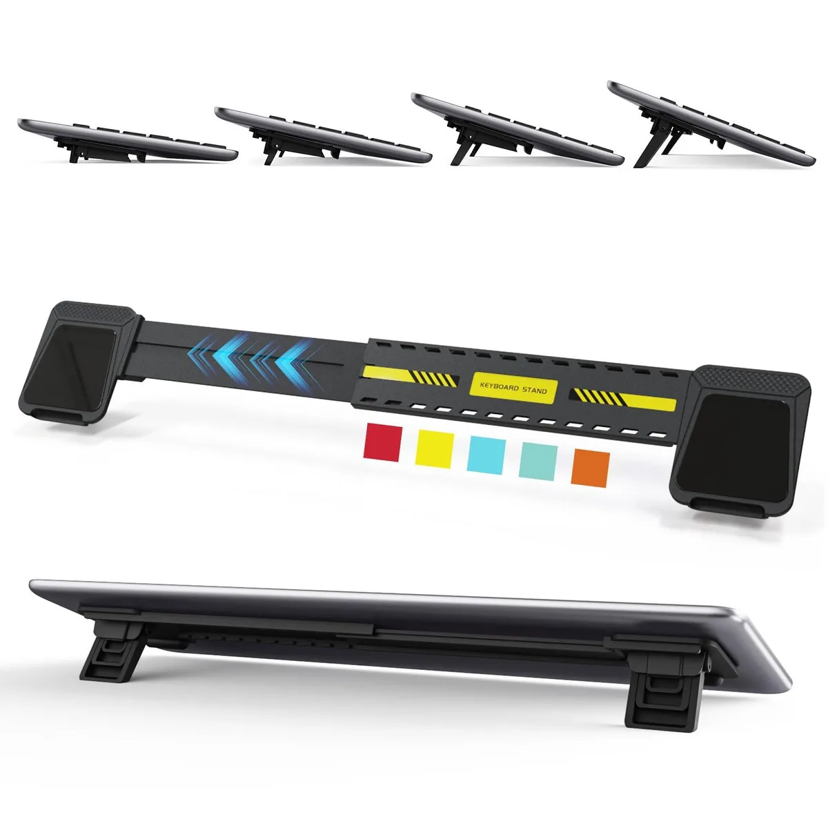 Black adjustable keyboard riser, small plastic frame with silicone base, three tilt angles visible