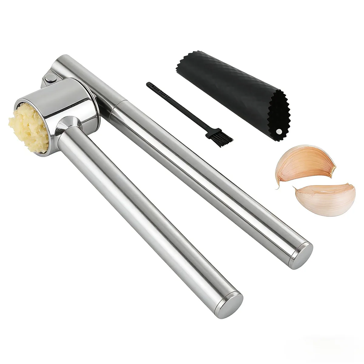 Stainless steel garlic press set with peeler and brush
