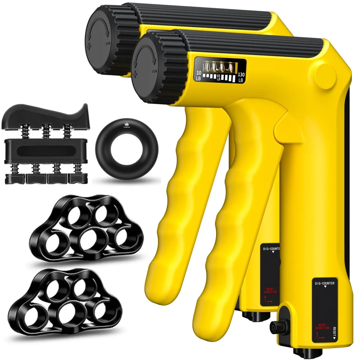 Six-piece yellow and black hand-grip kit with adjustable grippers, finger stretchers, ring and exerciser