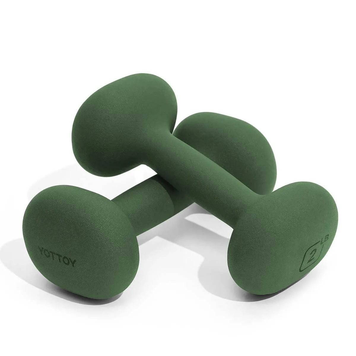 Pair of green neoprene dumbbells with rounded heads and straight handles