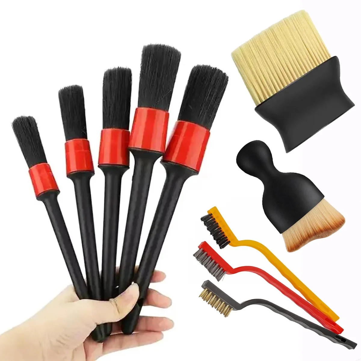 Black 10-piece car detailing brush set with assorted bristle types