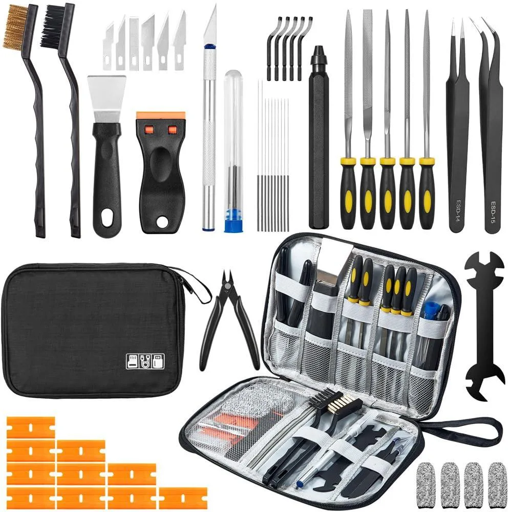 Black plastic case holding 50-piece 3D printer tool kit with files, scraper, brushes, and cleaning needles
