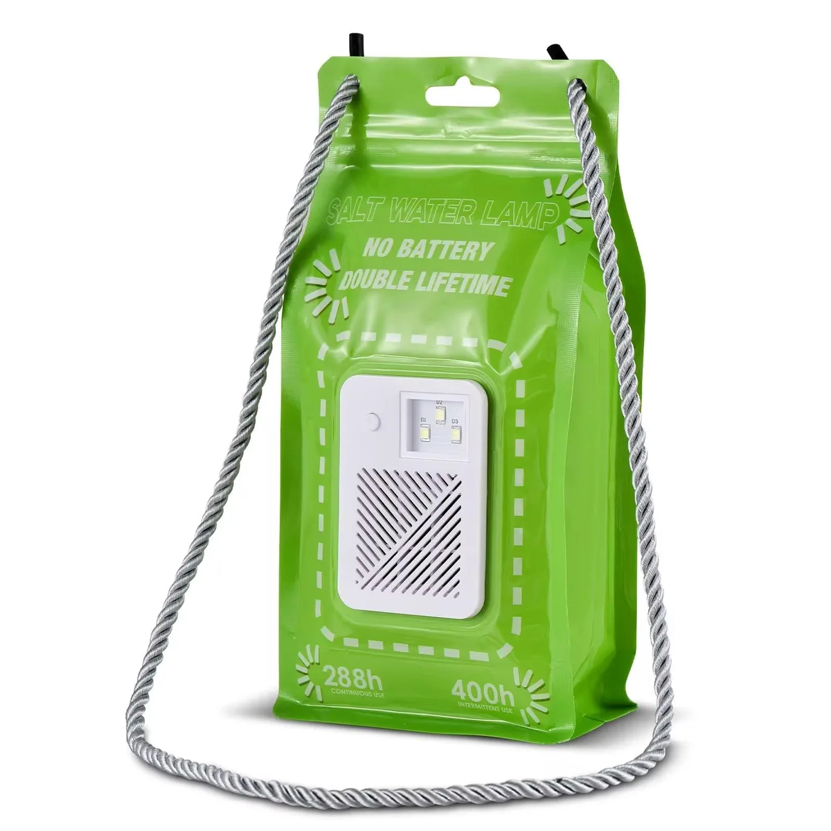 Green cylindrical salt-water lantern with black top, carry loop and red switch