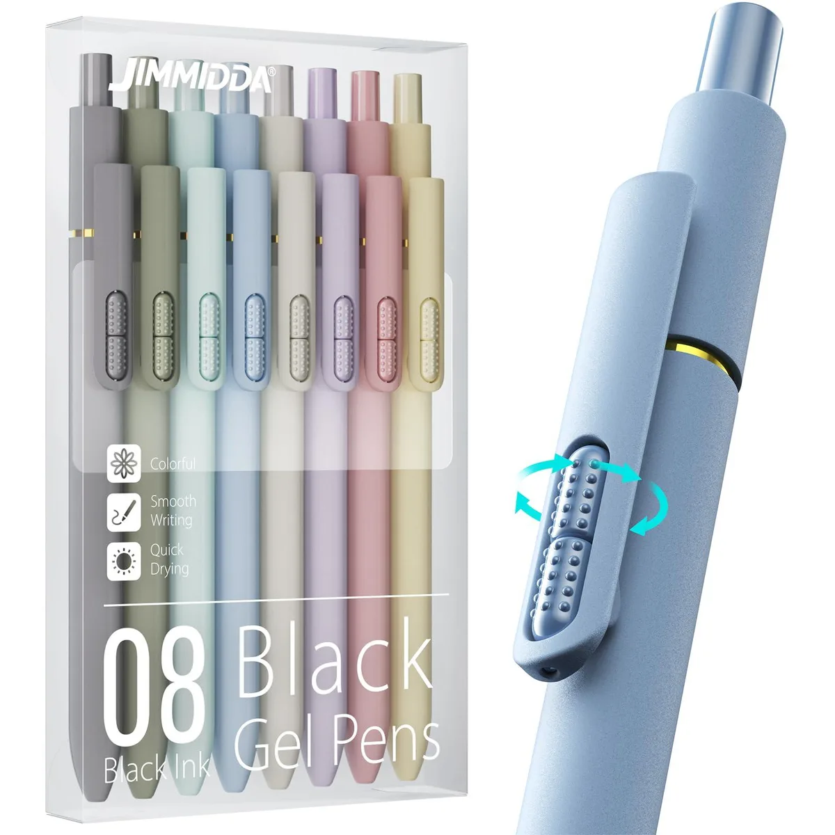 Eight black retractable gel pens with textured grips and fidget tops, 0.7mm tips