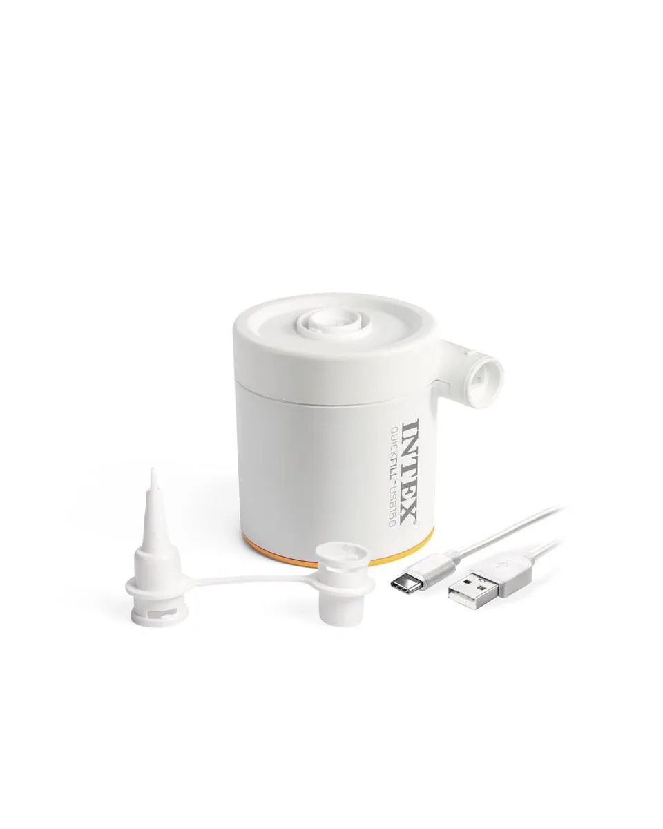 Small white plastic USB air pump with two nozzles and carry bag, shown in 12-pack case