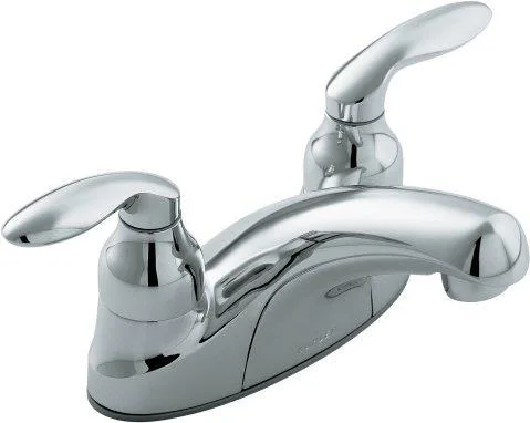 Polished chrome centerset bath faucet, two lever handles, no drain assembly