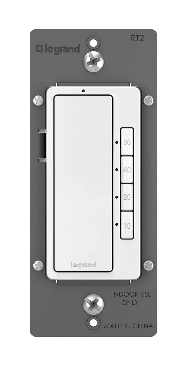 White rectangular wall switch with four countdown buttons and digital display