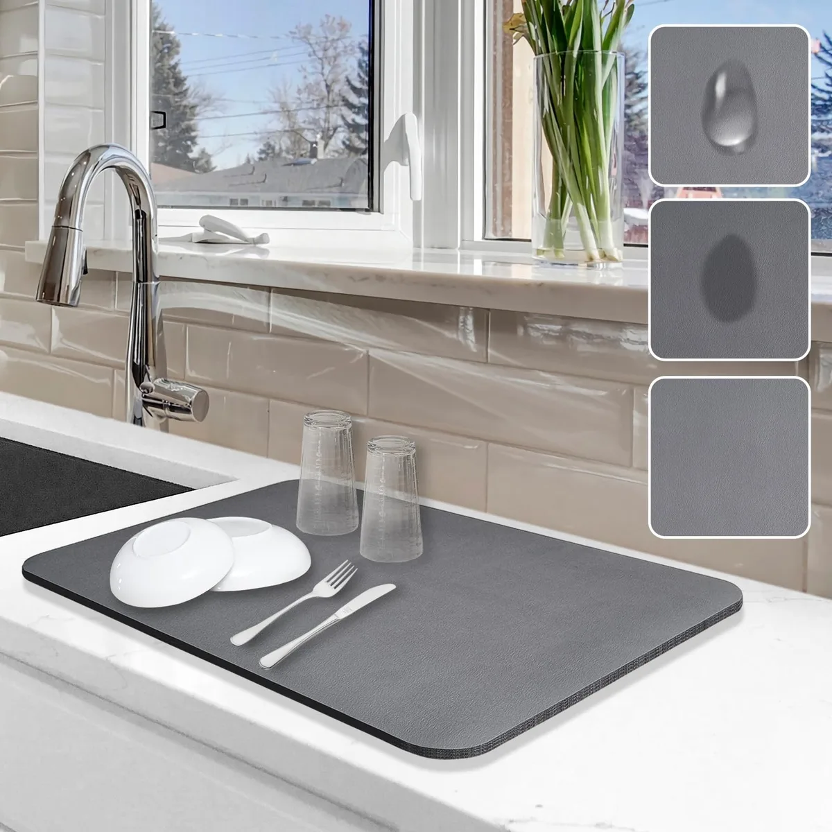 Grey rectangular microfibre drying mat with rubber backing, 12 by 19 inches