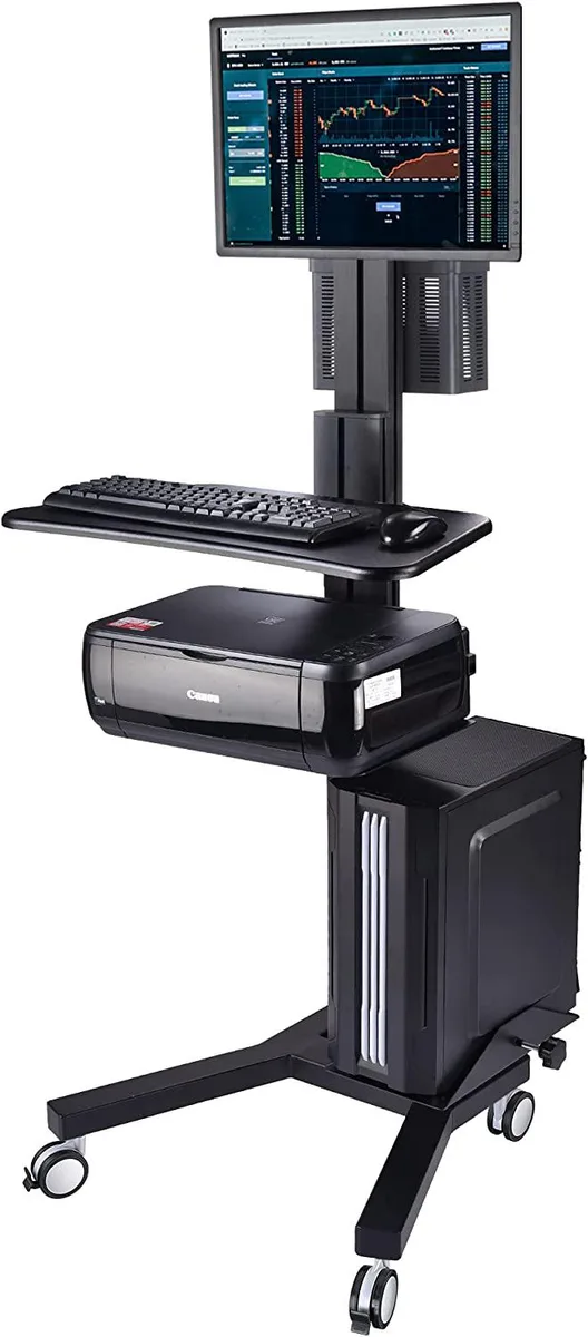 Black rolling workstation cart with monitor mount, keyboard tray, printer shelf, CPU holder and four locking wheels