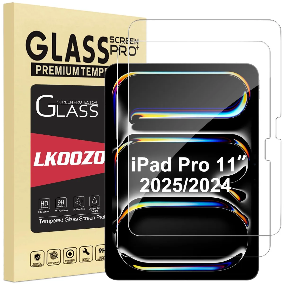 LKOOZO A2836 2-Pack Tempered Glass Screen Protectors for iPad Pro 11" M4/M5 2024/2025 — product photo
