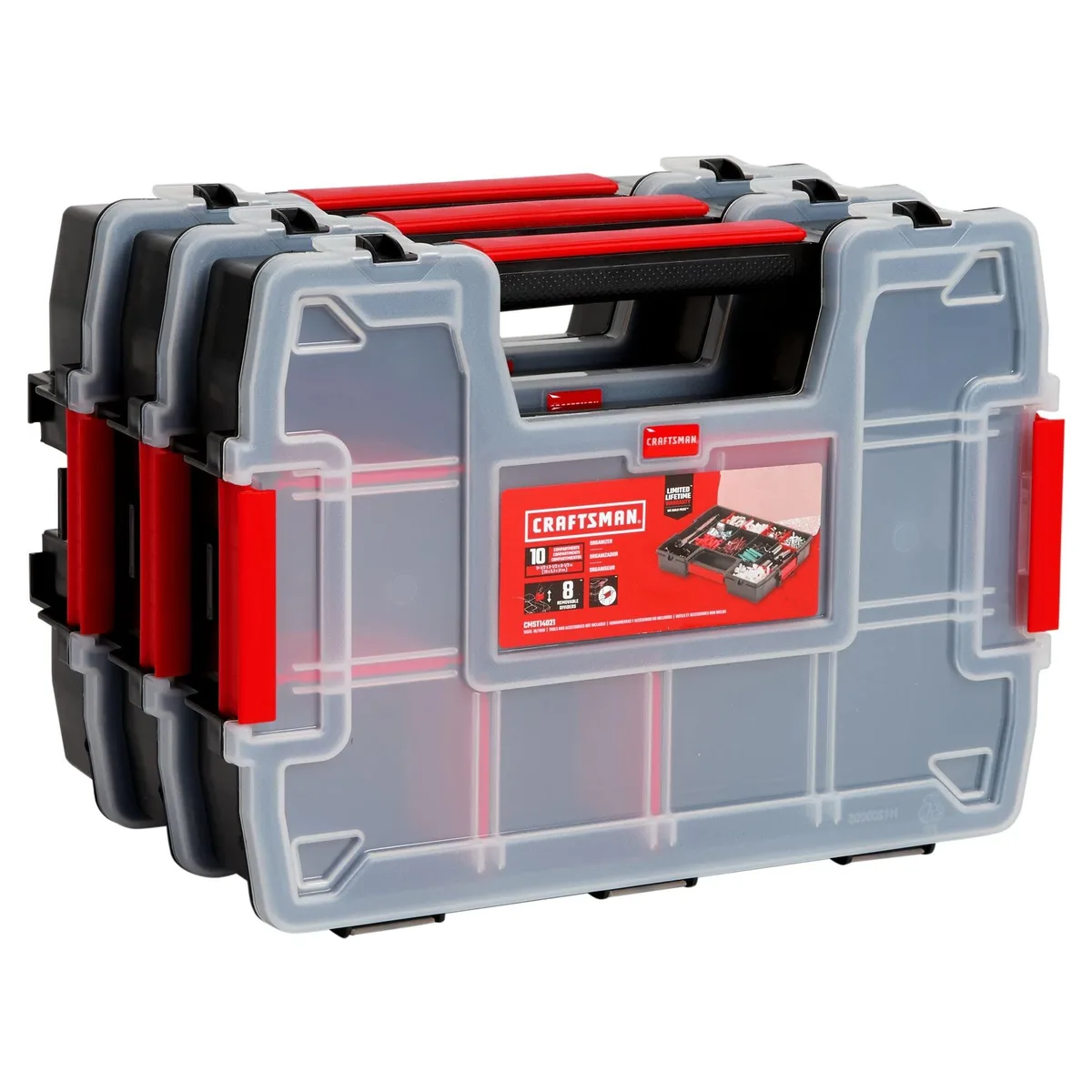 Three clear plastic organisers with ten compartments each and secure side latches