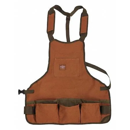 Brown canvas tool apron with 16 pockets and quick-release buckle