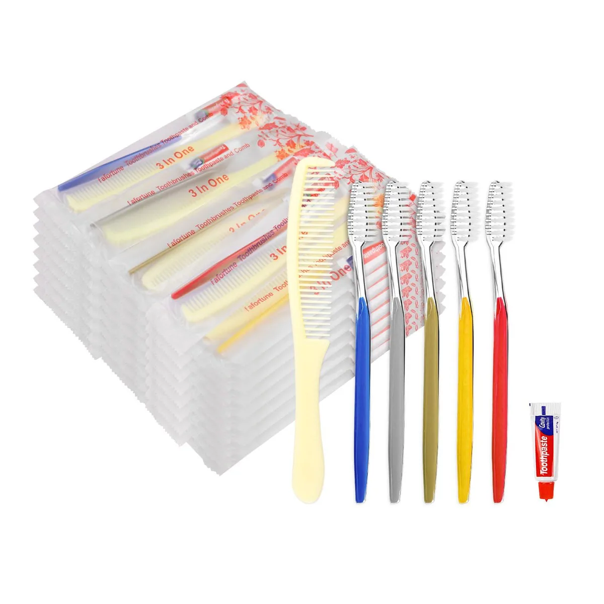 Box of 50 white oral-care kits each with toothbrush mini toothpaste and comb