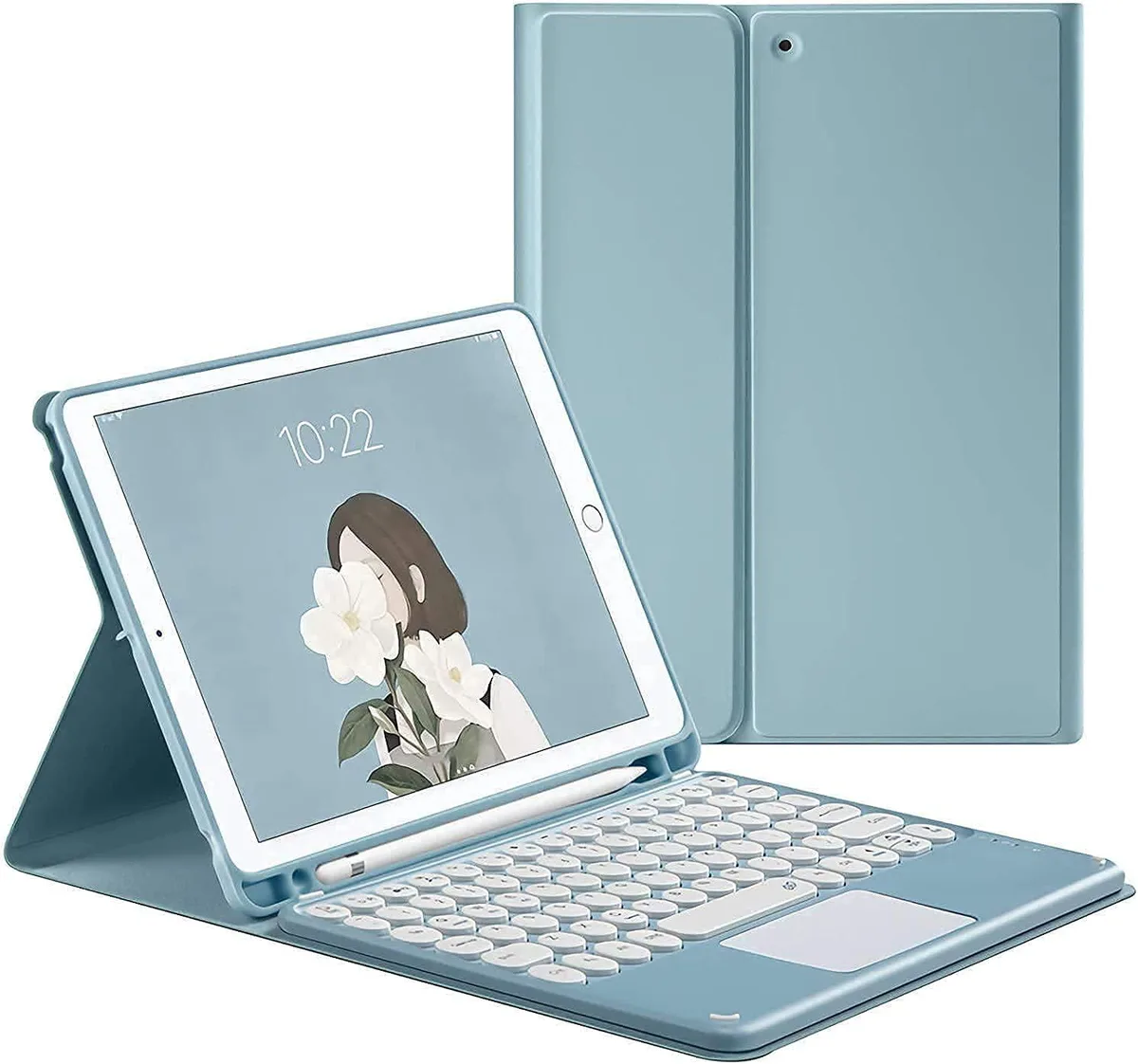 Blue leather keyboard case with integrated touchpad and pencil holder for 10.2 inch iPad