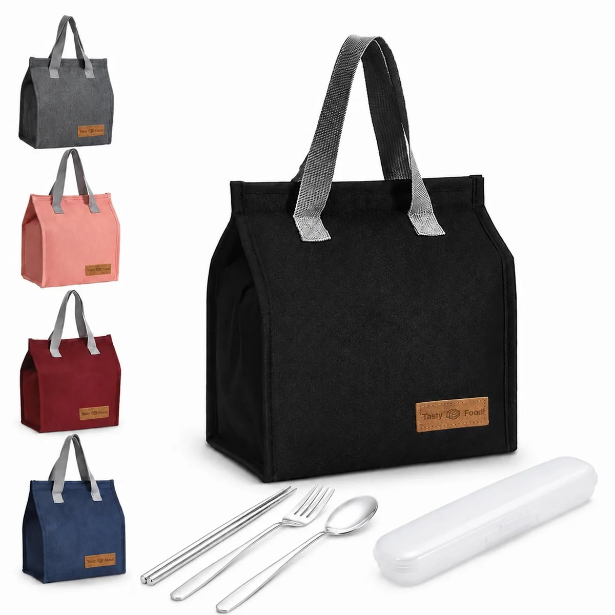 No Sew No Sew Insulated Lunch Bag with Utensil Set, Black — product photo