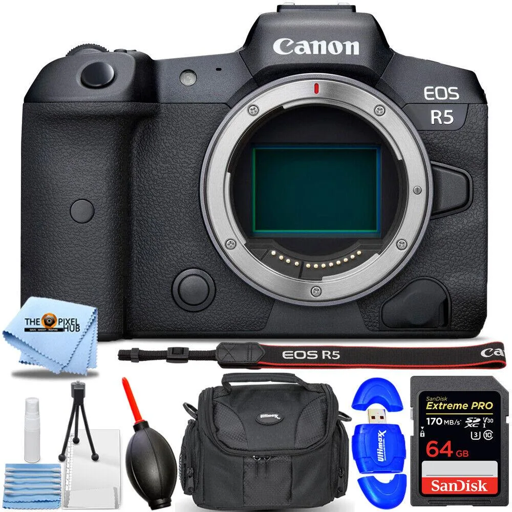 Canon International Canon EOS R5 45MP compact mirrorless camera body only 4147C002 64GB bundle — product photo