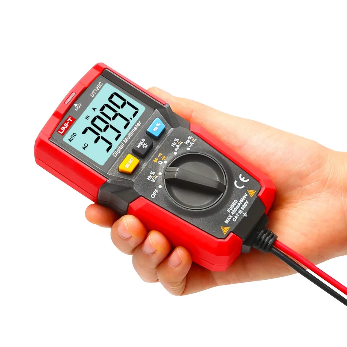 Pocket digital multimeter, grey plastic body, yellow LCD screen, rotary dial, test lead sockets