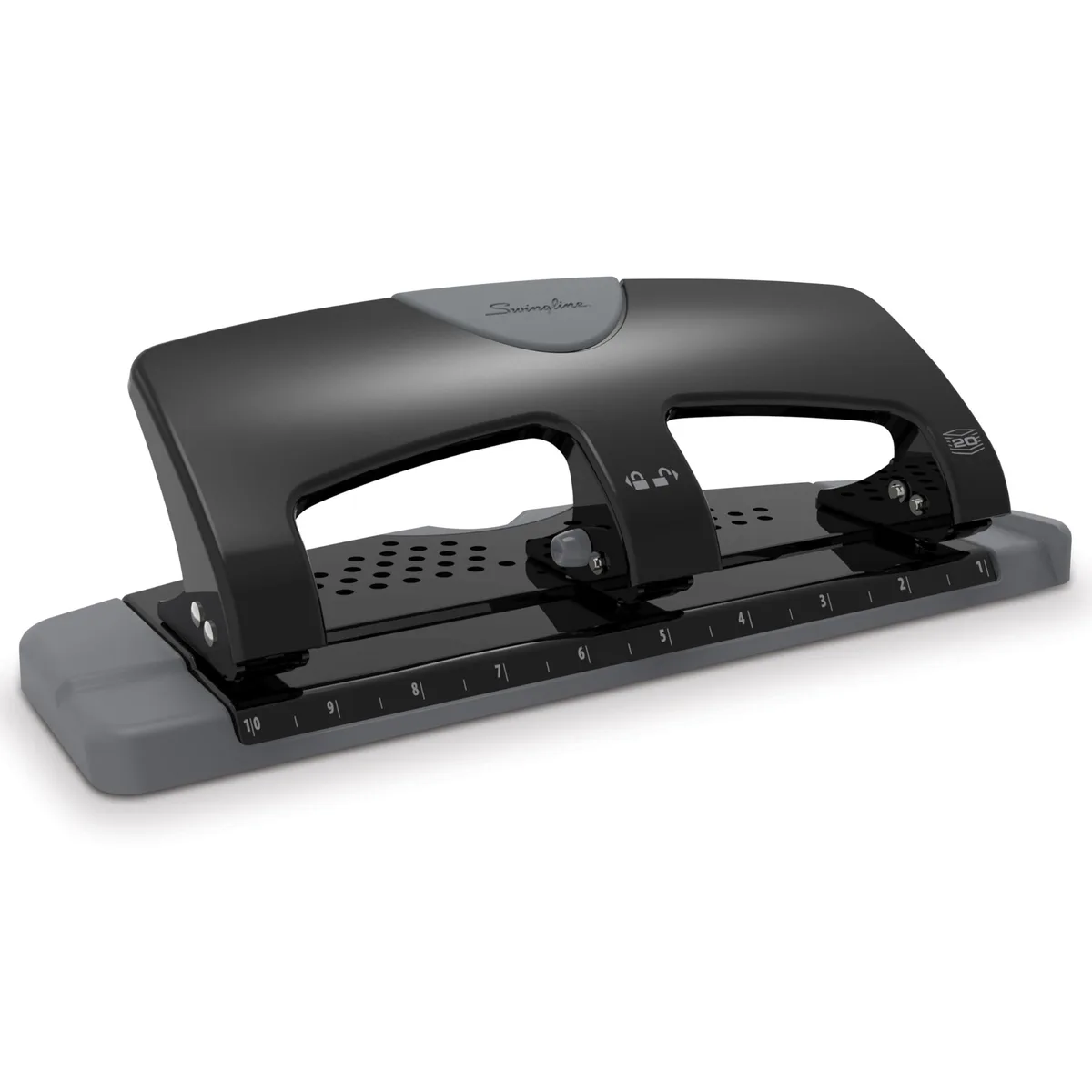 Black and silver three-hole desktop punch with soft-grip handle and chip tray window