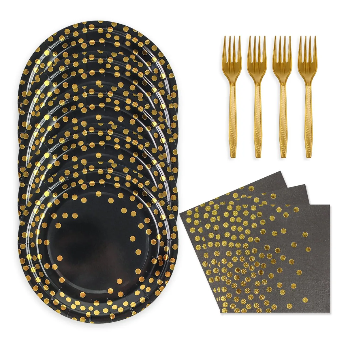 KFJBPB 48-piece black and gold paper flatware set for 16 guests — product photo