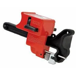 Red plastic lockout device with handle clamp for ball valve