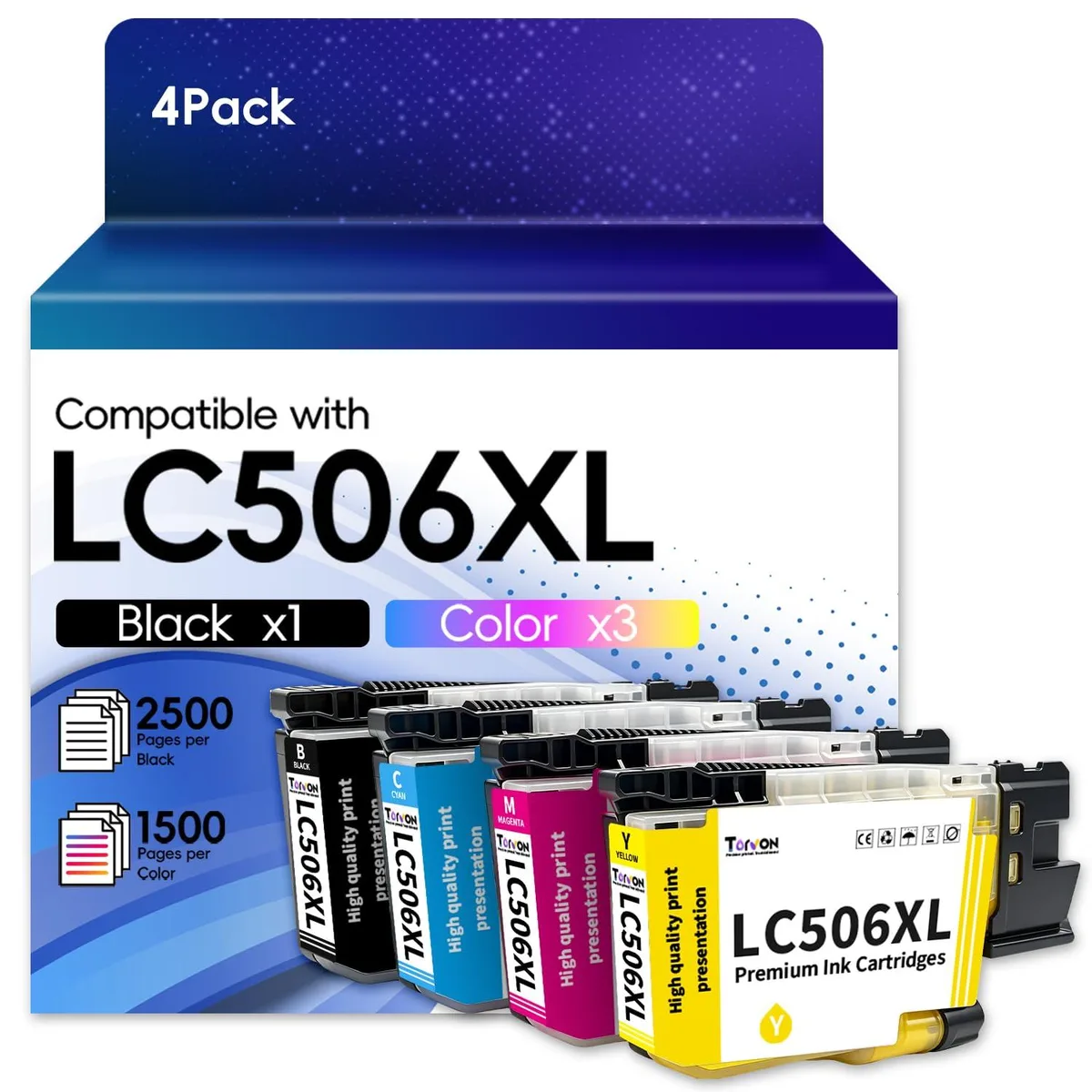 Four rectangular ink cartridges in black cyan magenta yellow packaging