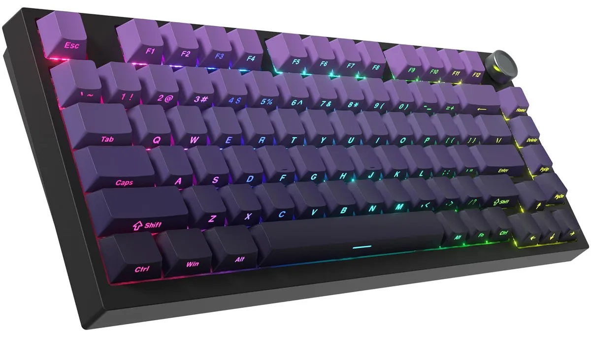 Purple 75% wireless mechanical keyboard with gasket structure and RGB backlighting