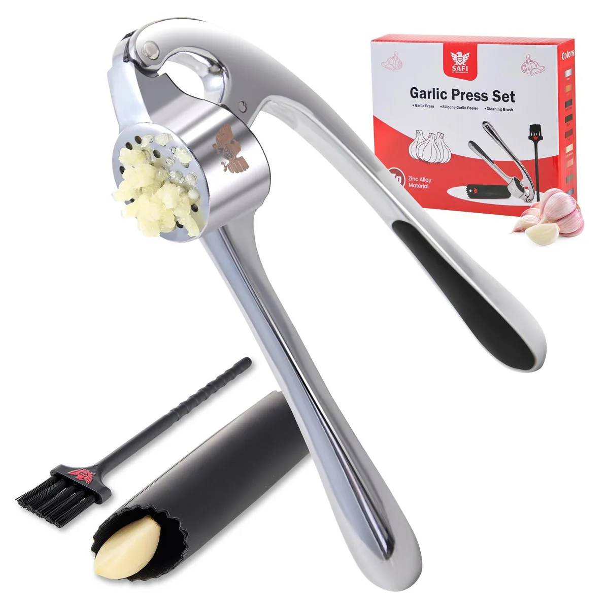 SAFI zinc alloy garlic press with peeler and brush