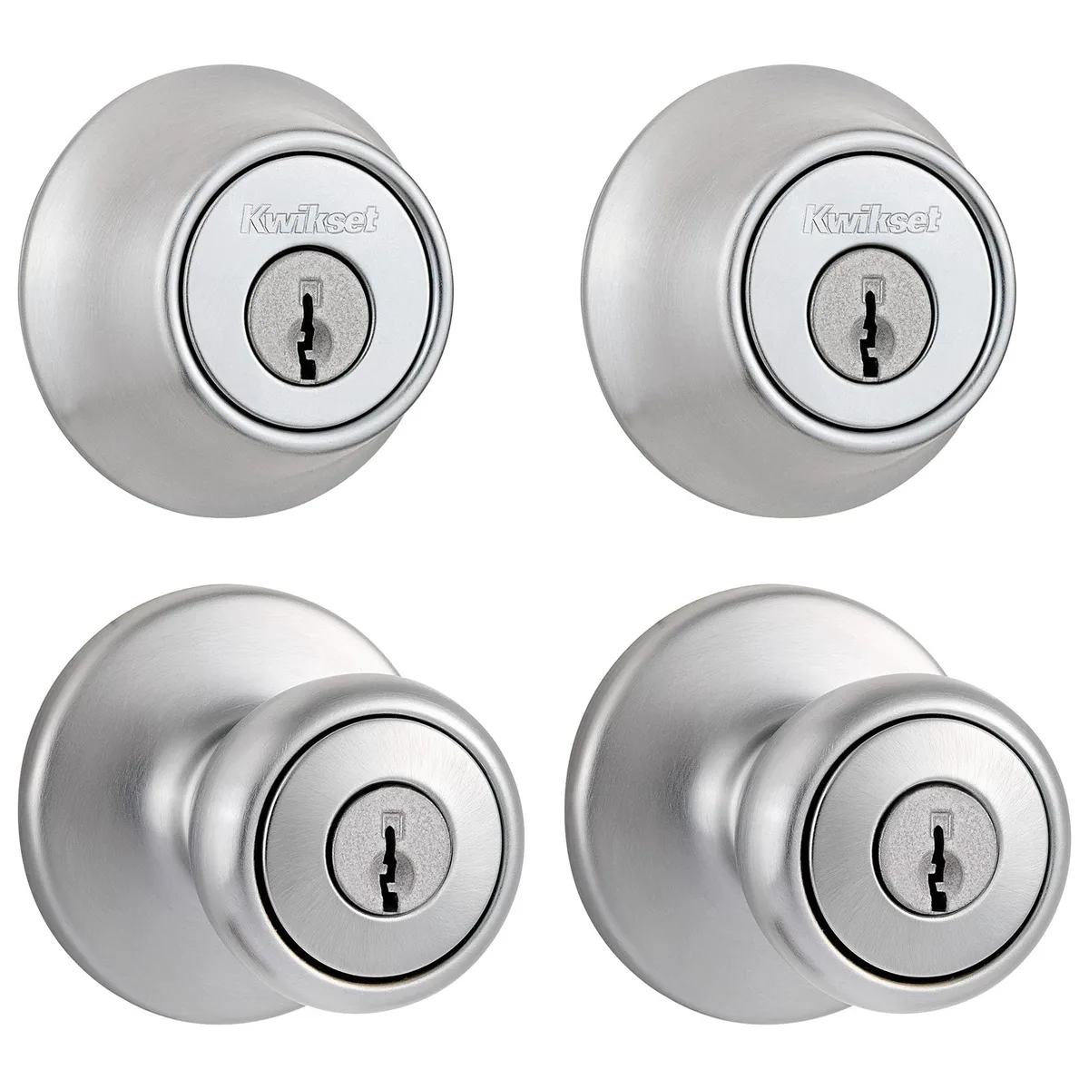 Satin chrome entry knob and deadbolt set in box